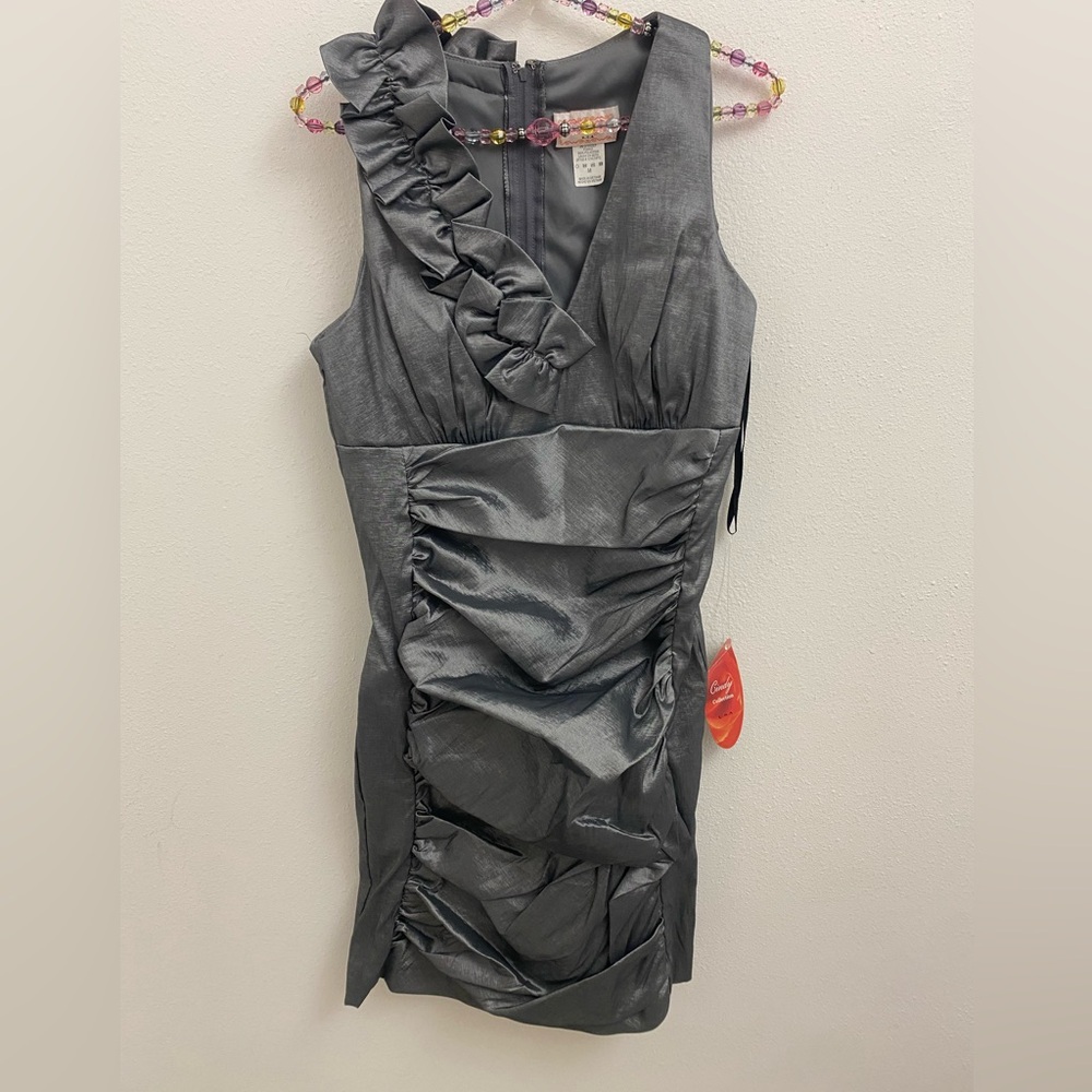 dress vintage metallic grey ruffle shoulder sleeveless